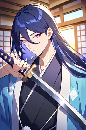 1boy, male focus, bishounen, holding sword, holding weapon, katana, sword, japanese clothes, haori, east asian architecture, solo, looking at viewer, expressionless, blue hair, purple eyes, long hair, best quality, amazing quality, best aesthetic, absurdres
