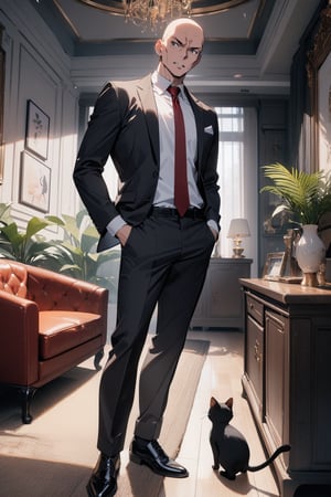 1boy, matue male, slim, bald, fake cat ears, forehead, black jacket, red necktie, white shirt, black skinny pants, formal shoes, standing, outside, living room, indoor, masterpiece, best quality, absurdres, very aesthetic, newest, General