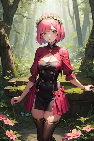 masterpiece, best quality, 1girl, looking at viewer, bob cut, pink hair, Flower Crown, superhero costume, standing, outside, forest