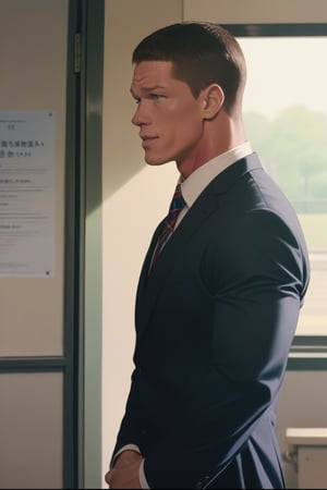 masterpiece, best quality, ((animescreencap)), {John Cena},1boy, standing, teacher outfit, front of classroom,solo,short_hair,(upperbody) 
