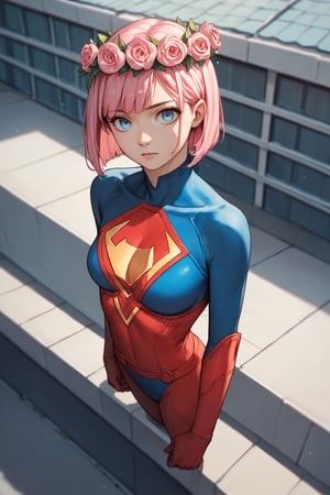 score_9, score_8_up, score_7_up, score_6_up, score_5_up, score_4_up, BREAK source_anime, 1girl, looking at viewer, bob cut, pink hair, Flower Crown, blue eyes, superhero costume, standing, Rooftop