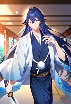 1boy, male focus, bishounen, holding sword, holding weapon, katana, sword, japanese clothes, haori, east asian architecture, solo, looking at viewer, expressionless, blue hair, purple eyes, long hair, best quality, amazing quality, best aesthetic, absurdres
