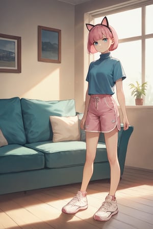 score_9, score_8_up, score_7_up, score_6_up, score_5_up, score_4_up, BREAK source_anime, 1girl, looking at viewer, bob cut, pink hair, fake cat ears, blue eyes, blue shirt, turtleneck, short sleeves, pink shorts, white sneakers, standing, living room, couch, tv, window, sunlight
