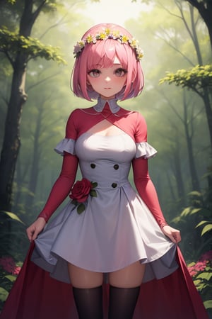masterpiece, best quality, 1girl, looking at viewer, bob cut, pink hair, Flower Crown, superhero costume, standing, outside, forest
