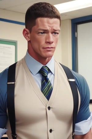 masterpiece, best quality, (animescreencap), John Cena,1boy, standing, teacher outfit, front of classroom,solo,short_hair,(upperbody) 
