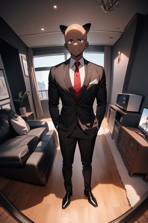 1boy, matue male, slim, bald, fake cat ears, forehead, black jacket, red necktie, white shirt, black skinny pants, formal shoes, standing, outside, living room, indoor, [fisheye lens:: 3], masterpiece, best quality, absurdres, very aesthetic, newest, General