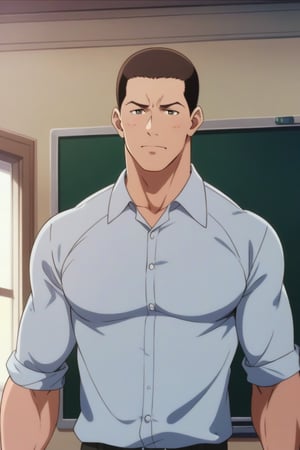 masterpiece, best quality, ((animescreencap)), {John Cena},1boy, standing, teacher outfit, front of classroom,solo,short_hair,(upperbody) 
