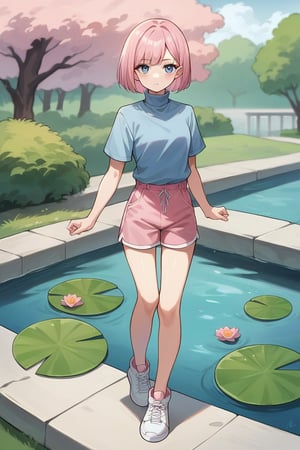 score_9, score_8_up, score_7_up, score_6_up, score_5_up, score_4_up, BREAK source_anime, 1girl, looking at viewer, bob cut, pink hair, blue eyes, blue shirt, turtleneck, short sleeves, pink shorts, white sneakers, standing up, outside, koi pond, cenimatic, 2.5d