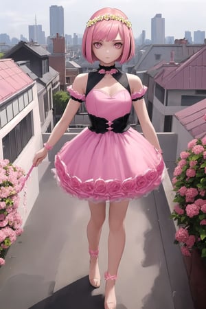 1girl, looking at viewer, bob cut, pink hair, Flower Crown, superhero costume, standing, outside, rooftop