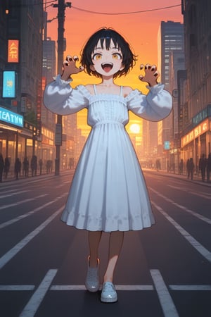 score_9, score_8, score_7, score_6, masterpiece, best quality, amazing quality, very aesthetic, absurdres, depth of field, 1girl, flat chest, claw pose, collarbone, full body, looking at viewer, standing up, open mouth, solo, teeth, white blouse, city, street, sunset