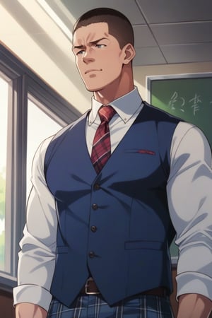 masterpiece, best quality, animescreencap, John Cena,1boy, standing, teacher outfit, front of classroom,solo,short_hair,(upperbody) 
