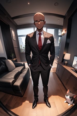 1boy, matue male, slim, bald, fate cat ears, forehead, black jacket, red necktie, white shirt, black skinny pants, formal shoes, standing, outside, living room, indoor, [fisheye lens:: 3], masterpiece, best quality, absurdres, very aesthetic, newest, General