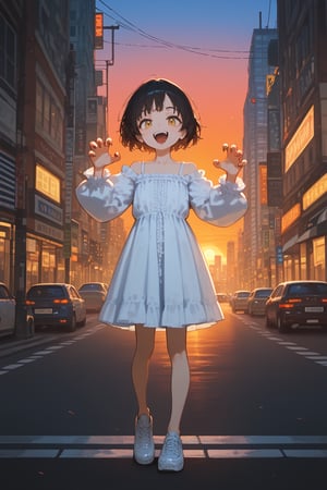 score_9, score_8, score_7, score_6, masterpiece, best quality, amazing quality, very aesthetic, absurdres, depth of field, 1girl, flat chest, claw pose, collarbone, full body, looking at viewer, standing up, open mouth, solo, teeth, white blouse, city, street, sunset