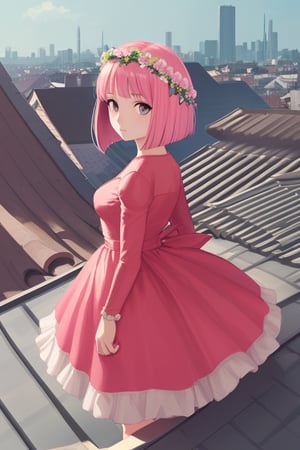 masterpiece, best quality, 1girl, looking at viewer, bob cut, pink hair, Flower Crown, superhero costume, standing, outside, rooftop