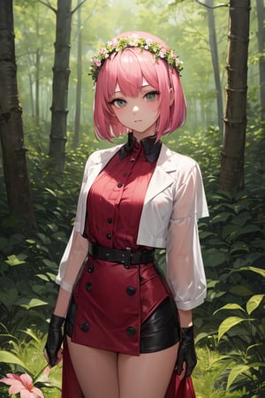 masterpiece, best quality, 1girl, looking at viewer, bob cut, pink hair, Flower Crown, superhero costume, standing, outside, forest