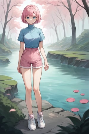 score_9, score_8_up, score_7_up, score_6_up, score_5_up, score_4_up, BREAK source_anime, 1girl, looking at viewer, bob cut, pink hair, blue eyes, blue shirt, turtleneck, short sleeves, pink shorts, white sneakers, standing up, outside, koi pond, misty morning, fog, diffused light