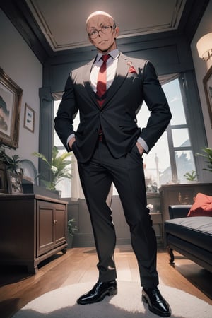 1boy, matue male, slim, bald, fake cat ears, forehead, black jacket, red necktie, white shirt, black skinny pants, formal shoes, standing, outside, living room, indoor, [fisheye lens:: 3], masterpiece, best quality, absurdres, very aesthetic, newest, General