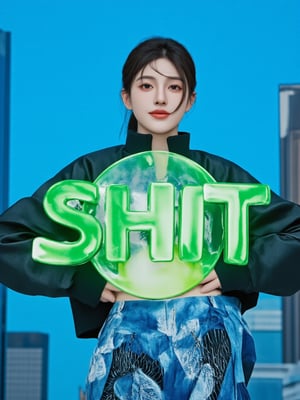 photorealistic,portrait of hubggirl, A South Korean K-pop girl stands heroically against a neon-lit backdrop of electric blue and lime green hues, her technicolor hairstyle shining like a beacon amidst the kaleidoscope colors. Radiant smile beams within Lime Green ambient light as she holds a 'SHIT' sign in Lime Green, with photo-realistic details bringing her to life. Framed by vibrant cityscapes, she's dressed in a modern battle costume, leaving waist and legs exposed to showcase toned physique. Long dark brown or black hair tied up in ponytail highlights elegant facial features. In the next scene, she's enhanced with SKP technology, standing out in tight blue-black jumpsuit amidst military atmosphere filled with intense vibrations, iconic fans with metal blades glinting light as she prepares for combat.