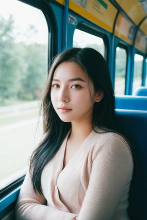 cute girl sitting on a bus, natural lighting from window, 35mm lens, soft and subtle lighting, girl centered in frame, shoot from eye level, incorporate cool and calming colors,hubggirl