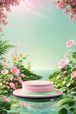 professional 3d model,anime artwork pixar,3d style,good shine,OC rendering,highly detailed,volumetric,dramatic lighting,3d\(hubgstyle)\,

a round podium on the ground in the middle, flower, water, no humans, leaf, plant, scenery, pink flower, light green theme,

beautiful colorful background,very beautiful,masterpiece,best quality,super detail,anime style,key visual,vibrant,studio anime,