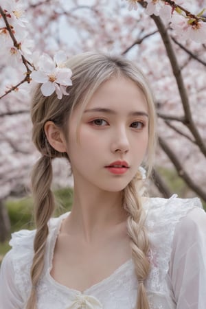 (ultra realistic,best quality),photorealistic,Extremely Realistic, in depth, cinematic light,portrait of a beautiful 21yo hubggirl, luminism, golden lines,extreme detailed, 
Ivory hair and eyes, twintails, contemptuous, leaning, sakura blossom, upper body, 
Amidst cherry blossoms, portraits capture exquisite beauty, resembling scenes from high-definition films. Each detail, from delicate petals to ethereal light, exudes cinematic perfection, painting a portrait of sublime elegance.,hubggirl
