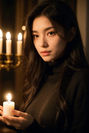 a woman with long hair and a black sweater is holding a candle in her hand and looking at the camera