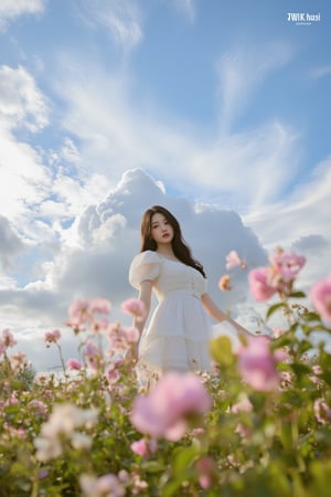 This is a highly detailed digital close-up and tilt shot artwork in a bright fantasy style, intricate tetradic colors in every details, a beautiful 22 years old Chinese girl, looking at viewer, head tilt, leaning forward, A lone girl with wavy black hair, wearing white dress, stands in windy flower field with grass, sun glare, heavenly cloudy sky, (clouds spiral:0.8), a macabre tapestry of clouds reaching towards viewer, falling petals, light cascading from an unseen aperture above. A low camera angle emphasizes the girl's with the overwhelming warm vibes.