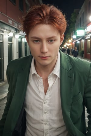 (ultra realistic,best quality),photorealistic,Extremely Realistic, in depth, cinematic light,hubgman,

Extremely Handsome man, running, jacket, white shirt, red hair, pgreen eyes, 

intricate background, realism,realistic,raw,analog,portrait,photorealistic,