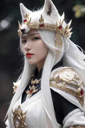  HUBG_Mecha_Armor, official art, full body,

 (Extremely beautiful hubggirl,, White Wolf queen, white Wolf_girl, crown (headgear):1.3), Wolf Head, Wolf_girl, Moon.solo, hanfu,
Majestic. Solemn, white wolf's head at the shoulders, wolf's ears, (white medieval byzantine theme),
cowboy shot, (alive skin),HUBGGIRL