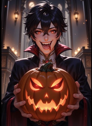 Anime style, exquisite male character, vampire with fang mouth, holding a pumpkin for Halloween, medium shot, detailed facial features, expressive eyes, dark and mysterious atmosphere, soft ambient lighting, focus on the character's eerie and captivating presence, intricate details in the vampire attire and pumpkin, slight tilt of the head, emphasis on the spooky and enchanting Halloween theme.