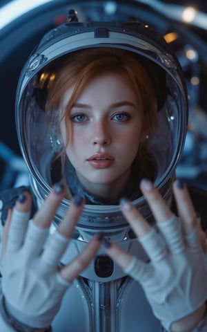 (ultra realistic,best quality),photorealistic,Extremely Realistic,in depth,cinematic light,hubggirl, BREAK photo of a ginger woman, in space, futuristic space suit, (freckles:0.8) cute face, sci-fi, dystopian, detailed eyes, blue eyes, BREAK dynamic poses, particle effects, perfect hands, perfect lighting, vibrant colors, intricate details, high detailed skin, intricate background, realistic, raw, analog, taken by Sony Alpha 7R IV, Zeiss Otus 85mm F1.4, ISO 100 Shutter Speed 1/400, Vivid picture, More Reasonable Details