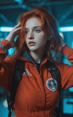 (ultra realistic,best quality),photorealistic,Extremely Realistic,in depth,cinematic light,hubggirl, BREAK photo of a ginger woman, in space, futuristic space suit, (freckles:0.8) cute face, sci-fi, dystopian, detailed eyes, blue eyes, BREAK dynamic poses, particle effects, perfect hands, perfect lighting, vibrant colors, intricate details, high detailed skin, intricate background, realistic, raw, analog, taken by Sony Alpha 7R IV, Zeiss Otus 85mm F1.4, ISO 100 Shutter Speed 1/400, Vivid picture, More Reasonable Details