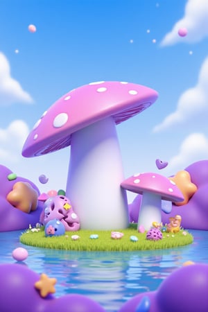 D\(hubgstyle)\,no humans, outdoors,water,sky,day,cloud,flower, grass,scenery,mushroom, purple theme, professional 3d model, anime artwork pixar, 3d style, good shine, OC rendering, highly detailed, volumetric, dramatic lighting,