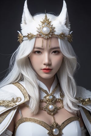  HUBG_Mecha_Armor, official art, full body,

 (Extremely beautiful hubggirl,, White Wolf queen, white Wolf_girl, crown (headgear):1.3), Wolf Head, Wolf_girl, Moon.solo, hanfu,
Majestic. Solemn, white wolf's head at the shoulders, wolf's ears, (white medieval byzantine theme),
cowboy shot, (alive skin),HUBGGIRL,lip biting,detailed skin,detailed face,(studio light:1.4),