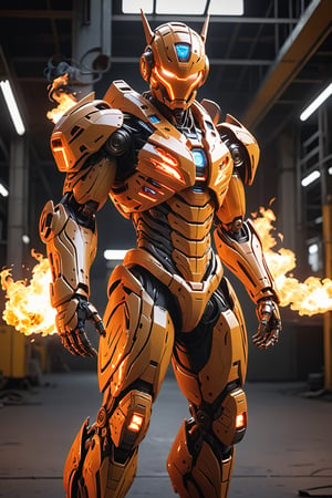anthropomorphic creature made of fire , emanates quantities of said element,wearing  a cybernetic armor, you can see the background matches its element ,((Tall and skinny, really tall)) , full body shot, wide Angle, octane render RTX, render, realistic render, cinematic lighting, ultra-detailed, muscular body, HUBG_Mecha_Armor, HUBG_Beauty_Girl