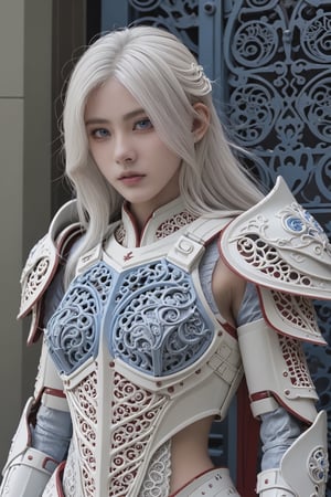 front_view, masterpiece, best quality, photorealistic, raw photo, (1girl, looking at viewer), long white hair, mechanical white armor, intricate armor, delicate blue filigree, intricate filigree, red metalic parts, detailed part, dynamic pose, detailed background, dynamic lighting,