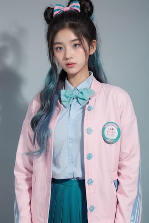 Long hair, light blue hair, pink streaks of hair, space bun hairstyle, flower hairpin, blue eyes, long-sleeve, button-up white shirt, a gray jacket with blue-green stripes, a red bow, dark blue-green pleated skirt, school background, 