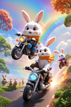  professional 3d model,anime artwork pixar,3d style,good shine,OC rendering,highly detailed,volumetric,dramatic lighting,furry,cute,(a bunny riding a motorcycle:1.1),rabbit,solo,(motor vehicle:1.2),riding,scarf,running on the rainbow,tree,extreme perspective,looking up at the camera,rainbow,fire spray,speed,humorous,beautiful colorful background,very beautiful,masterpiece,best quality,super detail,anime style,key visual,vibrant,studio anime