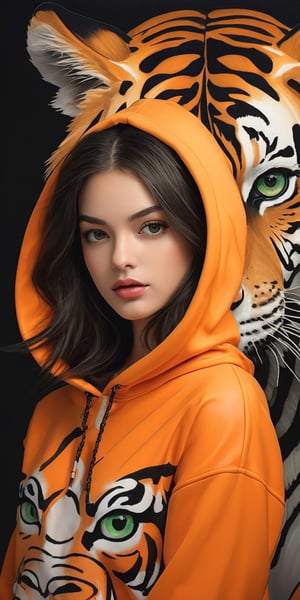 (masterpiece, high quality, 8K, high_res:1.5), 
brilliant merge cartoon drawning style and photorealism, hand-drawn fashion photography,
portrait of an incredibly beautiful woman, (((tiger color hair))), golden green eyes,
clothing \orange oversized hoodie with black ornament, black leather pants\,
art studio background, neon lighting enviroment, sensual and elegant,
unexpectable camera angle, model pose, trending on teenagers magazines and social media.
,fflixmj6,hubggirl