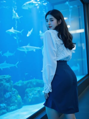 A young woman stands in front of a large aquarium, with various marine animals, including sharks and rays, swimming in the blue water behind her. She is turned slightly, looking back toward the camera with a gentle smile, creating a warm connection with the viewer. Her outfit is elevated to feature a stylish, fitted white blouse with delicate lace details, paired with a high-waisted navy blue skirt that adds sophistication. The lighting highlights her silhouette against the vibrant underwater scene, enhancing the depth and beauty of both the model and her surroundings.