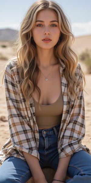 ashion catalog style,beautiful girl,fashion model, blonde hair(very long hair, curly_hair),wearing checked shirt and blue jeans,accessories(necklace,ear_rings,sunglasses),sitting in a desert,Best Quality, 32k, photorealistic, ultra-detailed, finely detailed, high resolution, perfect dynamic composition, beautiful detailed eyes, sharp-focus, cowboy_shot,