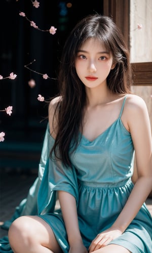 (ultra realistic,best quality),photorealistic,Extremely Realistic, in depth, cinematic light,hubggirl,a woman in a blue period dress sitting on the ground,traditional attire,hanfu,cherry blossoms,serene expression,seated pose,ethereal lighting,black background,flowing fabric,reflective surface,high contrast,gentle gaze,soft makeup,pastel colors,blurred petals falling,cultural,fantasy ambiance,elegance,grace,historical costume,fabric draping,photoshoot,artistic composition,side lighting,blue gradient dress,tranquil atmosphere,delicate accessories,hair ornaments.,dynamic poses, particle effects,perfect hands, perfect lighting, vibrant colors, surreal dramatic lighting shadow (lofi, analog), intricate details, high detailed skin,intricate background, realism, realistic, raw, analog, taken by Canon EOS,SIGMA Art Lens 35mm F1.4,ISO 200 Shutter Speed 2000,Vivid picture,