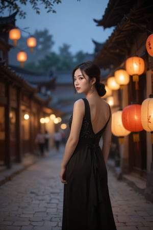 (ultra realistic,best quality),photorealistic,extremely realistic, in depth, cinematic light,hubggirl, 26yo girl, long flowing black hair, wearing an elegant evening gown, standing in an ancient chinese town during a lantern festival, surrounded by softly glowing lanterns and historic architecture, looking back over her shoulder with a serene expression, the atmosphere is mystical and poetic, capturing the essence of the verse "众里寻他千百度,蓦然回首,那人却在,灯火阑珊处。", dynamic poses,particle effects, perfect hands,perfect lighting,vibrant colors, intricate details,high detailed skin,intricate background, realism,raw,analog,taken by sony alpha 7r iv,zeiss otus 85mm f1.4,iso 100 shutter speed 1/400,