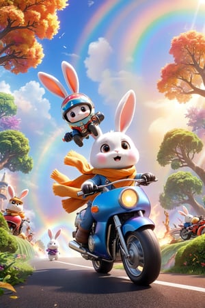  professional 3d model,anime artwork pixar,3d style,good shine,OC rendering,highly detailed,volumetric,dramatic lighting,furry,cute,(a bunny riding a motorcycle:1.1),rabbit,solo,(motor vehicle:1.2),riding,scarf,running on the rainbow,tree,extreme perspective,looking up at the camera,rainbow,fire spray,speed,humorous,beautiful colorful background,very beautiful,masterpiece,best quality,super detail,anime style,key visual,vibrant,studio anime