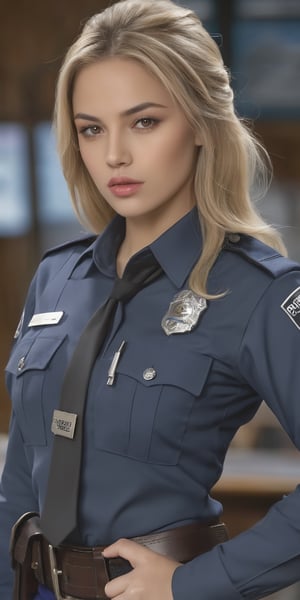 Generate hyper realistic image of a beautiful policewoman with long, flowing blonde hair, captivating brown eyes, and a confident gaze directed at the viewer. Dressed in a realistic police uniform with a prominent belt, her lips express determination and authority. The scene exudes a sense of security and professionalism, capturing the essence of a dedicated law enforcement officer.,hubggirl