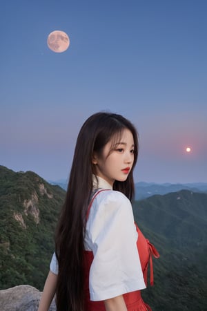 hubggirl, A short Korean girl with long straight hair is looking down from the top of a mountain as a large red moon sets at the end of the horizon.,More Reasonable Details,