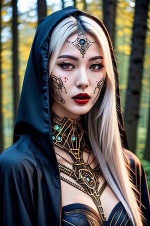 Cyberpunk priestess, pale face with intricate circuitry tattoos. Glowing red eyes, black lips. Ornate golden hood, dark robe. Mechanical neck and chest visible. Eerie forest background. Hyper-detailed, dramatic lighting, digital art style. Gothic and futuristic blend