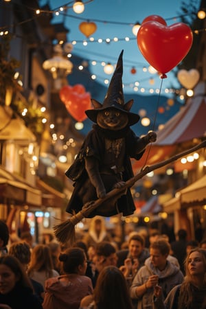 A mystical black cat, donning wizard attire and hat, soars through the air on a magic broom, balloon tightly grasped, amidst Oktoberfest's vibrant atmosphere: colorful tents, twinkling lights, laughter, and music. Framed from a low-angle shot, the camera gazes up at the whimsical scene bathed in warm golden lighting, emphasizing the magic of this supernatural moment.