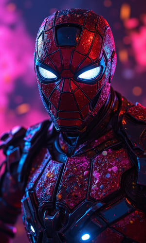 a photorealistic close-up Iron-Man_Spider-Man_pumpkin-Man, Hi-Tech cyberpunk style,
stoned, splatter art, color -splattered neon colors, (colorful glowing smoke) ((motion effect)), best quality, wallpaper art, UHD, centerpiece, MSchiffer art, ((flat color)), (cel-shading style) colors very bold neon, ((high saturation)) ink lines, psychedelic environments.