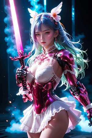 masterpiece, best quality, ultra-detailed, best shadow, detailed background,dark fantasy, mecha\(hubggirl)\,

BREAK 
hubggirl with White Lolita outfit ,holding a glowing pink sword upwards,

BREAK 
dynamic poses, particle effects, perfect hands,
beautiful detailed face, high contrast, best illumination, an extremely delicate and beautiful, 
cinematic light, colorful, hyper detail, dramatic light, intricate details,